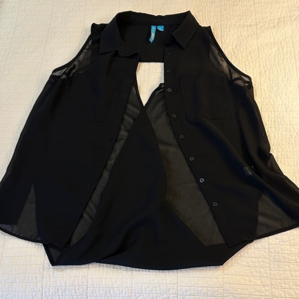 L’Amour Nanette Black Sheer Blouse Lepore Small Sleeveless Black Sheer Button-Up